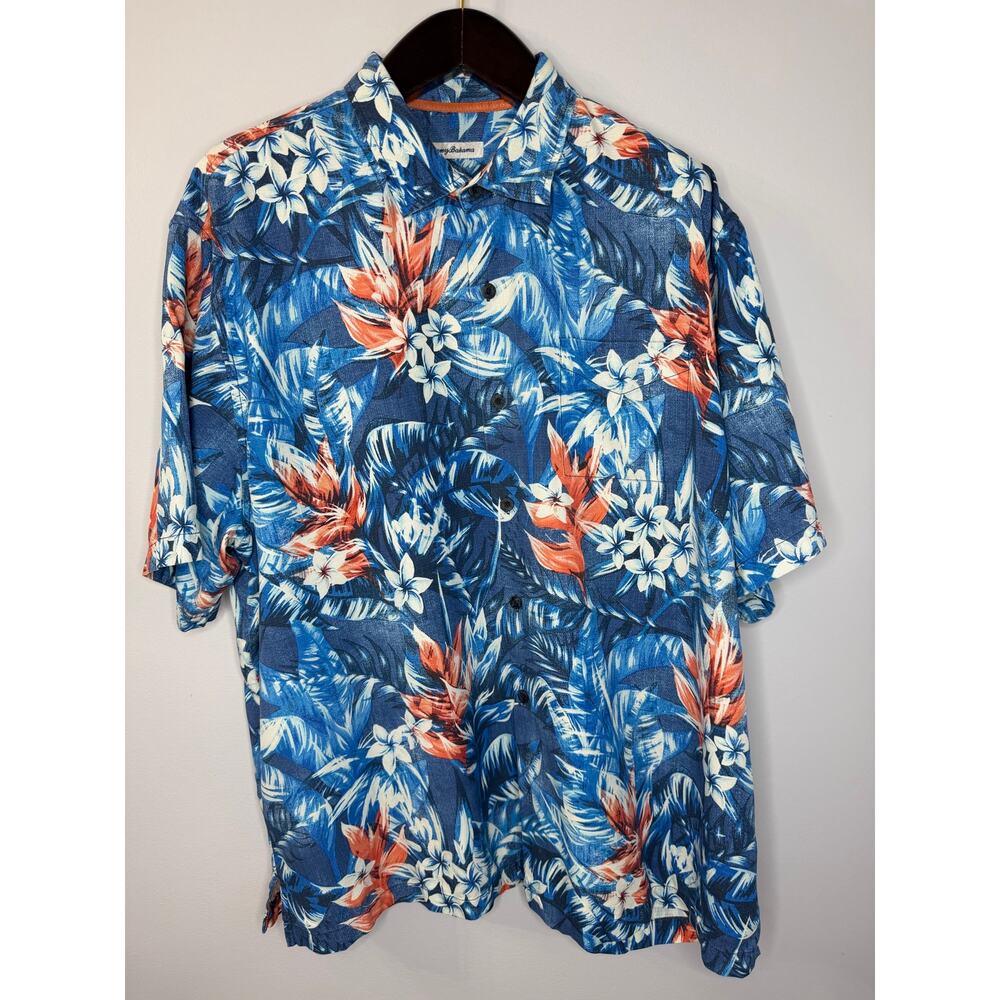 Tommy Bahama Shirt Mens 2XLB Blue Aloha Lei IslandZone Hawaiian Floral Camp